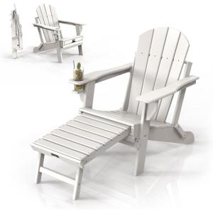 imageVINGLI Folding Adirondack Chair Set of 4 with Ottoman Waterproof Plastic HDPE Firepit Chair for Outside with Hidden Footrests Foldable Ergonomics Seating for Patio Porch Yard GardenTeakWhite
