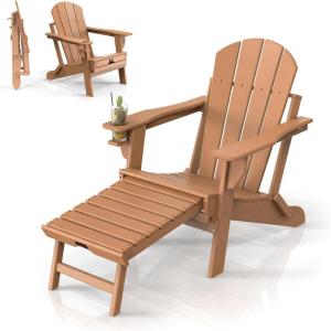 imageVINGLI Folding Adirondack Chair Set of 4 with Ottoman Waterproof Plastic HDPE Firepit Chair for Outside with Hidden Footrests Foldable Ergonomics Seating for Patio Porch Yard GardenTeakTeak