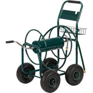 imageVINGLI Garden Hose Reel Cart 4Wheel Portable Residential Hose Reel Cart Hose Guide System with Storage Basket Rust Resistant for Family Yard Garden and Farm GreenGreen