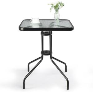imageVINGLI Glass Patio Table with Umbrella Hole 32quot Square Outdoor Dining Table Steel Tempered Glass Patio Tables Outdoor Tables for Balcony Garden Deck24 Square