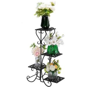 imageVINGLI Metal Plant Stand Flower Holder Racks 4 Tier Shelves Patio Stand Holder Outdoor Displaying Plants Flowers Black Pattern Style