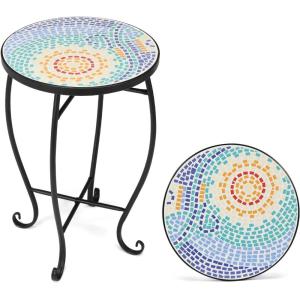 imageVINGLI Mosaic Outdoor Side Table 14quot Round End Table Accent Table Ceramic Tile Top Black IronBrown FlowerBlue Hawaii