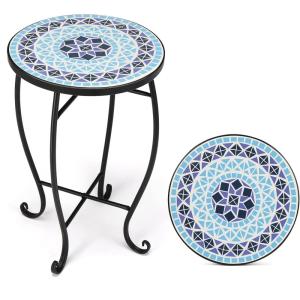 imageVINGLI Mosaic Outdoor Side Table 14quot Round End Table Accent Table Ceramic Tile Top Black IronBrown FlowerBlue Ocean