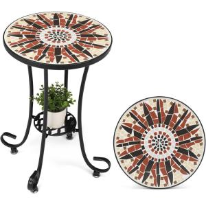 imageVINGLI Mosaic Outdoor Side Table 14quot Round End Table Accent Table Ceramic Tile Top Black IronBrown FlowerBrown Flower