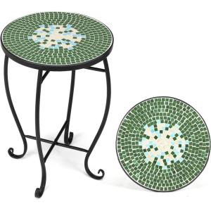 imageVINGLI Mosaic Outdoor Side Table 14quot Round End Table Accent Table Ceramic Tile Top Black IronBrown FlowerGreen Garden