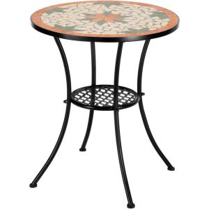 imageVINGLI Mosaic Outdoor Side Table 14quot Round End Table Accent Table Ceramic Tile Top Black IronBrown FlowerOrange