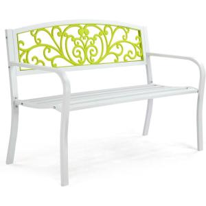 imageVINGLI Outdoor Bench for Patio Metal Garden Bench wPVC Back Pattern Black Park Benches Front Porch Benches for Yard Lawn Decor Deck Entryway FloralWhitegreen