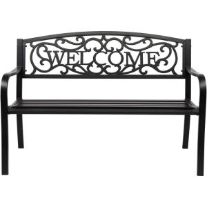 imageVINGLI Outdoor Bench with PVC Back Pattern Metal Garden Bench Black Steel Welcome Bench for Patio Porch Deck Yard Lawn Decor Entryway