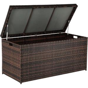 imageVINGLI Outdoor Wicker Storage Box 132 Gallon Patio Rattan Deck Box Wicker Storage Bench for Indoor Outdoor Pool Balcony Yard Garden  Dark BrownDark Brown