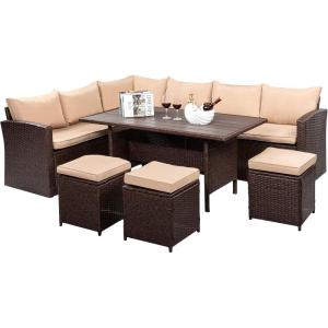 imageVINGLI Patio Furniture Set 8 Pieces Outdoor Furniture with Dining TableampampChair All Weather Wicker Outdoor Sectional Sofa with Ottoman