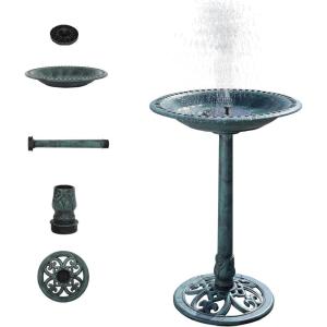 imageVINGLI Pedestal Bird Bath 28 Inch Antique Copper Resin Birdbaths Weather Resistant Floral Accents and Vintage Finish Garden Decor for Outdoor Lightweight CourtyardGreenwith Solar Power