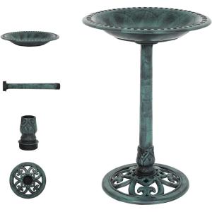 imageVINGLI Pedestal Bird Bath 28 Inch Antique Copper Resin Birdbaths Weather Resistant Floral Accents and Vintage Finish Garden Decor for Outdoor Lightweight CourtyardGreenNormal