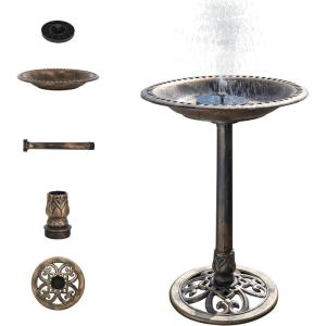 imageVINGLI Pedestal Bird Bath 28 Inch Antique Copper Resin Birdbaths Weather Resistant Floral Accents and Vintage Finish Garden Decor for Outdoor Lightweight CourtyardCopperwith Solar Power