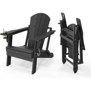 imageVINGLI Plastic Adirondack Chairs Set of 4 Folding with Cup Holder Waterproof HDPE Material Comfortable 380lb Weight Capacity for Outdoor Pool Patio Lounge Chair Lawn Furniture Firepit BlueBlack