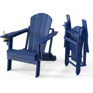 imageVINGLI Plastic Adirondack Chairs Set of 4 Folding with Cup Holder Waterproof HDPE Material Comfortable 380lb Weight Capacity for Outdoor Pool Patio Lounge Chair Lawn Furniture Firepit BlueNavy Blue