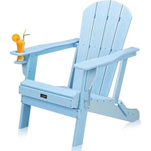 imageVINGLI Plastic Adirondack Chairs Set of 4 Folding with Cup Holder Waterproof HDPE Material Comfortable 380lb Weight Capacity for Outdoor Pool Patio Lounge Chair Lawn Furniture Firepit BlueBlue