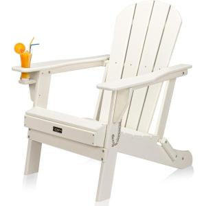 imageVINGLI Plastic Adirondack Chairs Set of 4 Folding with Cup Holder Waterproof HDPE Material Comfortable 380lb Weight Capacity for Outdoor Pool Patio Lounge Chair Lawn Furniture Firepit BlueWhite