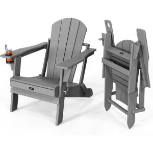 imageVINGLI Plastic Adirondack Chairs Set of 4 Folding with Cup Holder Waterproof HDPE Material Comfortable 380lb Weight Capacity for Outdoor Pool Patio Lounge Chair Lawn Furniture Firepit BlueGrey