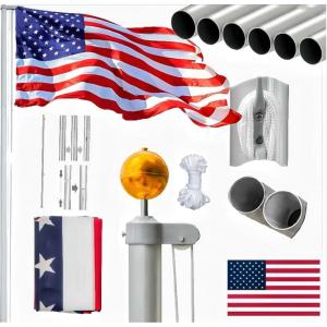 imageVINGLI Upgraded 25FT Sectional Aluminum Flagpole Thick Tube Halyard Flag PoleKit Free 2733mph with 3x5 polyester USA American Flag Golden Ball Top Halyard Rope PVC Sleeve20FT