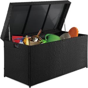 imageVINGLI Upgraded Version 132 Gallon Outdoor Storage Box Patio Rattan Deck Box Wicker Storage Bench for Indoor Outdoor Pool Balcony Yard Garden BlackBlack