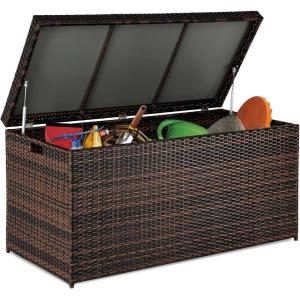 imageVINGLI Upgraded Version 132 Gallon Outdoor Storage Box Patio Rattan Deck Box Wicker Storage Bench for Indoor Outdoor Pool Balcony Yard Garden BlackBrown