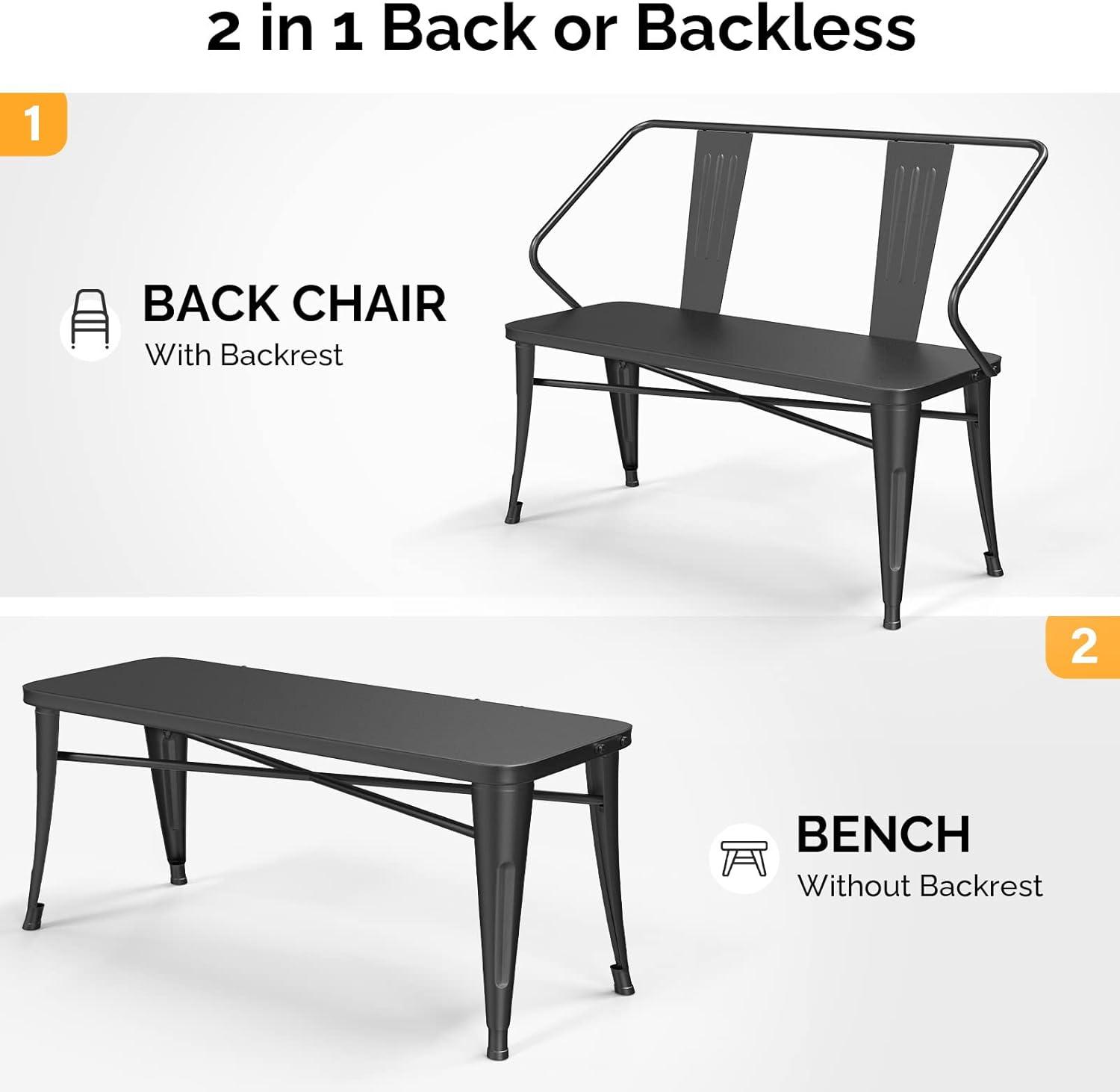 imageVINGLI 45 Outdoor Metal Bench Industrial Dining Bench with Removable Backrest 23 Person Weatherproof Vintage Porch Bench for Kitchen Balcony GardenBlack