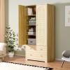 imageVINGLI 38quot W Armoire Wardrobe Closet with Hanging Rod Bedroom 71quot Freestanding Wardrobe Cabinet with Doors Adjustable Shelves and Drawer Open Compartment Rustic BrownNatural Rattan