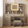 imageVINGLI 40quot Vanity Set with Lighted Mirror and StoolWhite Makeup Vanity Table Set with 9 Lights for WomenBedroom Makeup Dressing Table with 2 Drawers and StoolWhiteampampGoldGlass Top  5Drawers  Mirror Cabinet