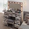 imageVINGLI 40quot Vanity Set with Lighted Mirror and StoolWhite Makeup Vanity Table Set with 9 Lights for WomenBedroom Makeup Dressing Table with 2 Drawers and StoolWhiteampampGoldGlass Top  9Drawers  Stool