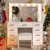 imageVINGLI 40quot Vanity Set with Lighted Mirror and StoolWhite Makeup Vanity Table Set with 9 Lights for WomenBedroom Makeup Dressing Table with 2 Drawers and StoolWhiteampampGoldGlass Top  9Drawers  Stool