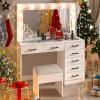 imageVINGLI 40quot Vanity Set with Lighted Mirror and StoolWhite Makeup Vanity Table Set with 9 Lights for WomenBedroom Makeup Dressing Table with 2 Drawers and StoolWhiteampampGoldGlass Top  7Drawers  Stool