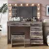 imageVINGLI 40quot Vanity Set with Lighted Mirror and StoolWhite Makeup Vanity Table Set with 9 Lights for WomenBedroom Makeup Dressing Table with 2 Drawers and StoolWhiteampampGoldGlass Top  7Drawers  Stool