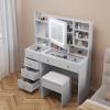 imageVINGLI 40quot Vanity Set with Lighted Mirror and StoolWhite Makeup Vanity Table Set with 9 Lights for WomenBedroom Makeup Dressing Table with 2 Drawers and StoolWhiteampampGoldGlass Top  5Drawers  Mirror Cabinet
