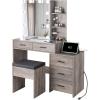 imageVINGLI 433quot Vanity Desk with Sliding Mirror ampamp Lights ampamp Charging Station ampamp 5Drawers ampamp Shelves Farmhouse Modern Makeup Vanity Set with Stool for BedroomOak  5Drawers