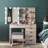 imageVINGLI 433quot Vanity Desk with Sliding Mirror ampamp Lights ampamp Charging Station ampamp 5Drawers ampamp Shelves Farmhouse Modern Makeup Vanity Set with Stool for BedroomOak  6Drawers