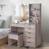 imageVINGLI 433quot Vanity Desk with Sliding Mirror ampamp Lights ampamp Charging Station ampamp 5Drawers ampamp Shelves Farmhouse Modern Makeup Vanity Set with Stool for BedroomOak  6Drawers