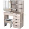imageVINGLI 433quot Vanity Desk with Sliding Mirror ampamp Lights ampamp Charging Station ampamp 5Drawers ampamp Shelves Farmhouse Modern Makeup Vanity Set with Stool for BedroomOak  6Drawers