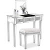 imageVINGLI Mirrored Vanity Stool with Storage Upholstered Velvet Ottoman Makeup Dressing Table Bench with Sparking Diamonds SilverVT0MLSR
