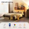 imageVINGLI Queen Size Wooden Bed Frame with 52 Extra LED Upholstered Bookcase Storage Headboard Charging StationNo Box Spring NeededEasy AssemblyMid Century Modern BedFlutedWalnutWalnut Brown
