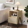 imageVINGLI Rattan Nightstand Set of 2 with Charging Station 27quot Tall Black Nightstand with 3 Drawers for Bedroom Boho Mid Century Modern Bed Side TableEnd Table Black 2 PackOak