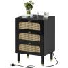 imageVINGLI Rattan Nightstand Set of 2 with Charging Station 27quot Tall Black Nightstand with 3 Drawers for Bedroom Boho Mid Century Modern Bed Side TableEnd Table Black 2 PackBlack