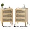 imageVINGLI Rattan Nightstand Set of 2 with Charging Station 27quot Tall Black Nightstand with 3 Drawers for Bedroom Boho Mid Century Modern Bed Side TableEnd Table Black 2 PackOak