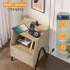 imageVINGLI Rattan Nightstand Set of 2 with Charging Station 27quot Tall Black Nightstand with 3 Drawers for Bedroom Boho Mid Century Modern Bed Side TableEnd Table Black 2 PackOak