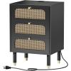 imageVINGLI Rattan Nightstand Set of 2 with Charging Station 27quot Tall Black Nightstand with 3 Drawers for Bedroom Boho Mid Century Modern Bed Side TableEnd Table Black 2 PackBlack