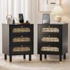 imageVINGLI Rattan Nightstand Set of 2 with Charging Station 27quot Tall Black Nightstand with 3 Drawers for Bedroom Boho Mid Century Modern Bed Side TableEnd Table Black 2 PackBlack