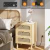 imageVINGLI Rattan Nightstand Set of 2 with Charging Station 27quot Tall Black Nightstand with 3 Drawers for Bedroom Boho Mid Century Modern Bed Side TableEnd Table Black 2 PackOak