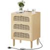 imageVINGLI Rattan Nightstand Set of 2 with Charging Station 27quot Tall Black Nightstand with 3 Drawers for Bedroom Boho Mid Century Modern Bed Side TableEnd Table Black 2 PackOak