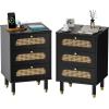 imageVINGLI Rattan Nightstand Set of 2 with Charging Station 27quot Tall Black Nightstand with 3 Drawers for Bedroom Boho Mid Century Modern Bed Side TableEnd Table Black 2 PackBlack