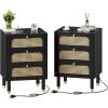 imageVINGLI Rattan Nightstand Set of 2 with Charging Station 27quot Tall Black Nightstand with 3 Drawers for Bedroom Boho Mid Century Modern Bed Side TableEnd Table Black 2 PackBlack