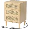 imageVINGLI Rattan Nightstand Set of 2 with Charging Station 27quot Tall Black Nightstand with 3 Drawers for Bedroom Boho Mid Century Modern Bed Side TableEnd Table Black 2 PackOak